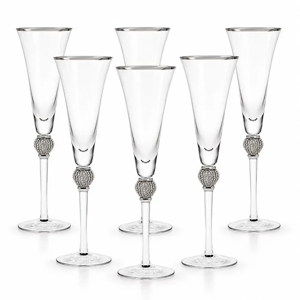 Z Gallerie Jeweled Champagne Flutes Set of 6 Silver Crystal Glasses